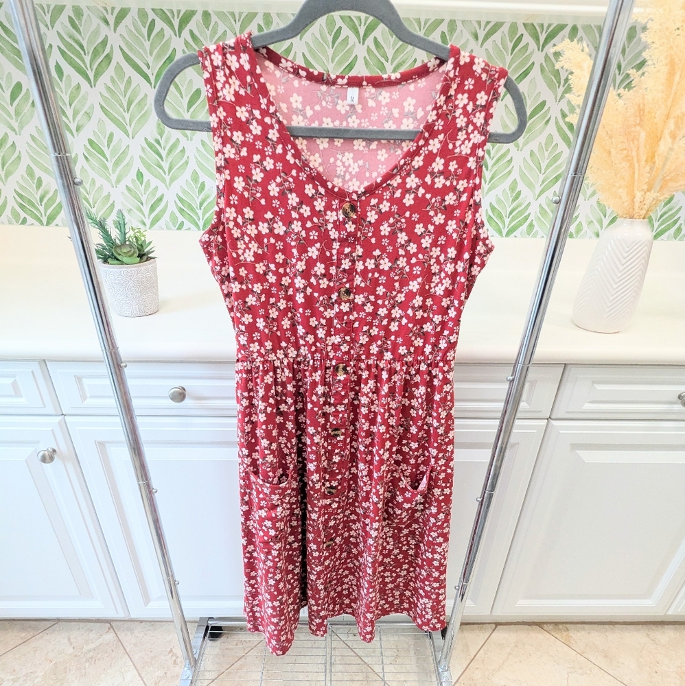 Red Floral Sleeveless Jersey Button Front Knit Dress Medium